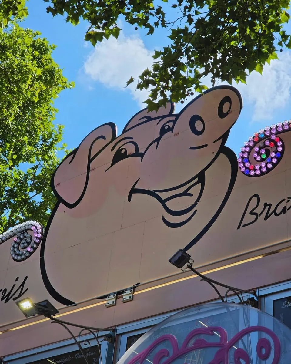 Gros plan en contre-plongée sur les deux grandes têtes de cochon souriantes peintes en haut de la façade, entourées d'ampoules colorées