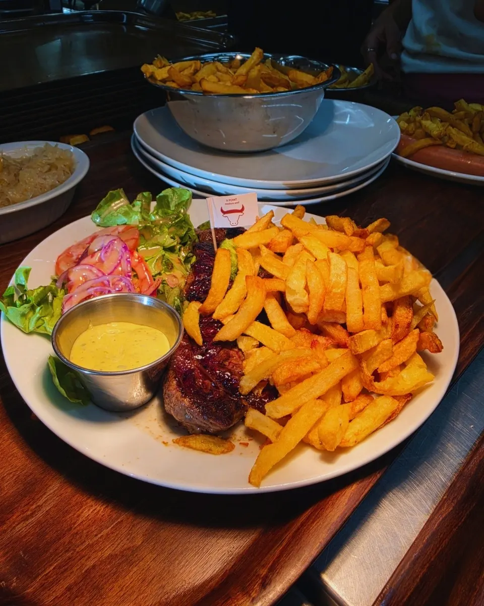 Pièce de bœuf grillée à point, frites dorées à volonté, salade et béarnaise.