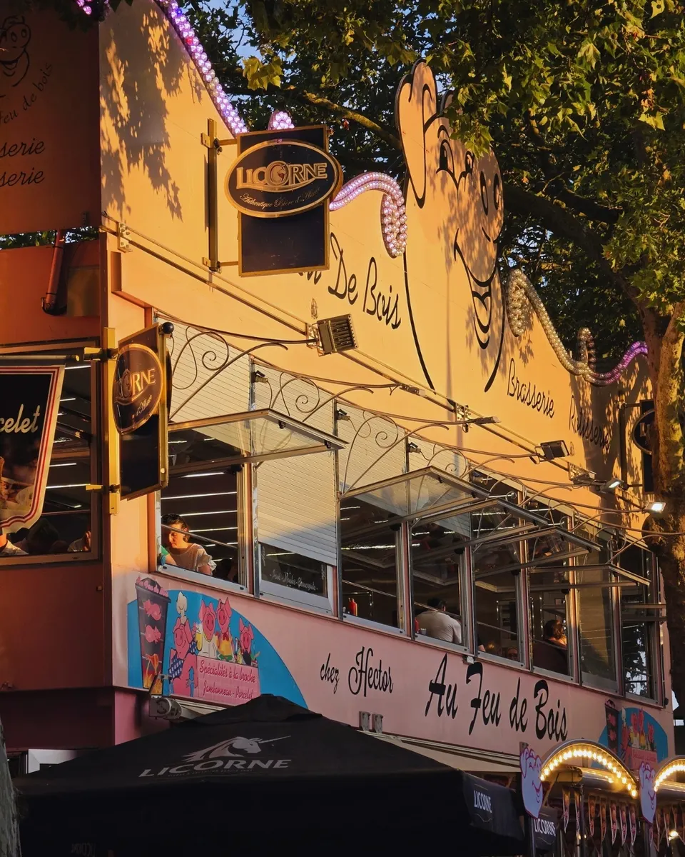 Gros plan sur les enseignes calligraphiées et la fresque des petits cochons roses de la façade au couchant.