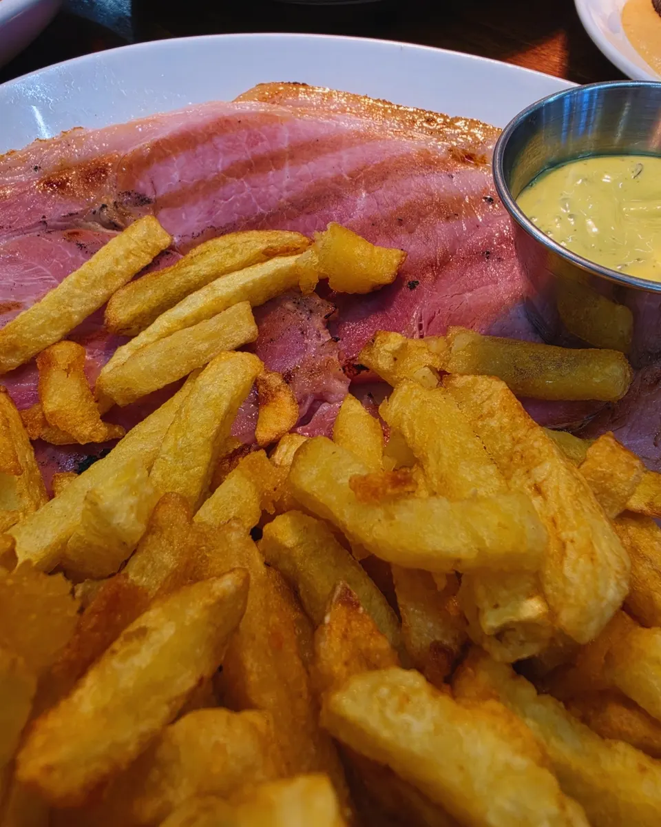 Tranche épaisse de jambon braisé à l’os recouverte de frites maison, béarnaise en ramequin